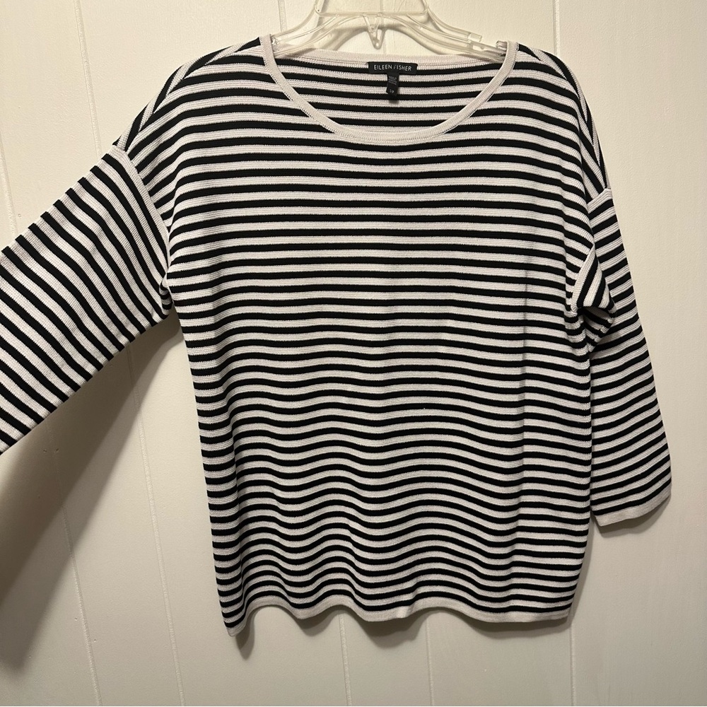 Eileen Fisher Black and White Striped Long Sleeve Top PS 80% silk